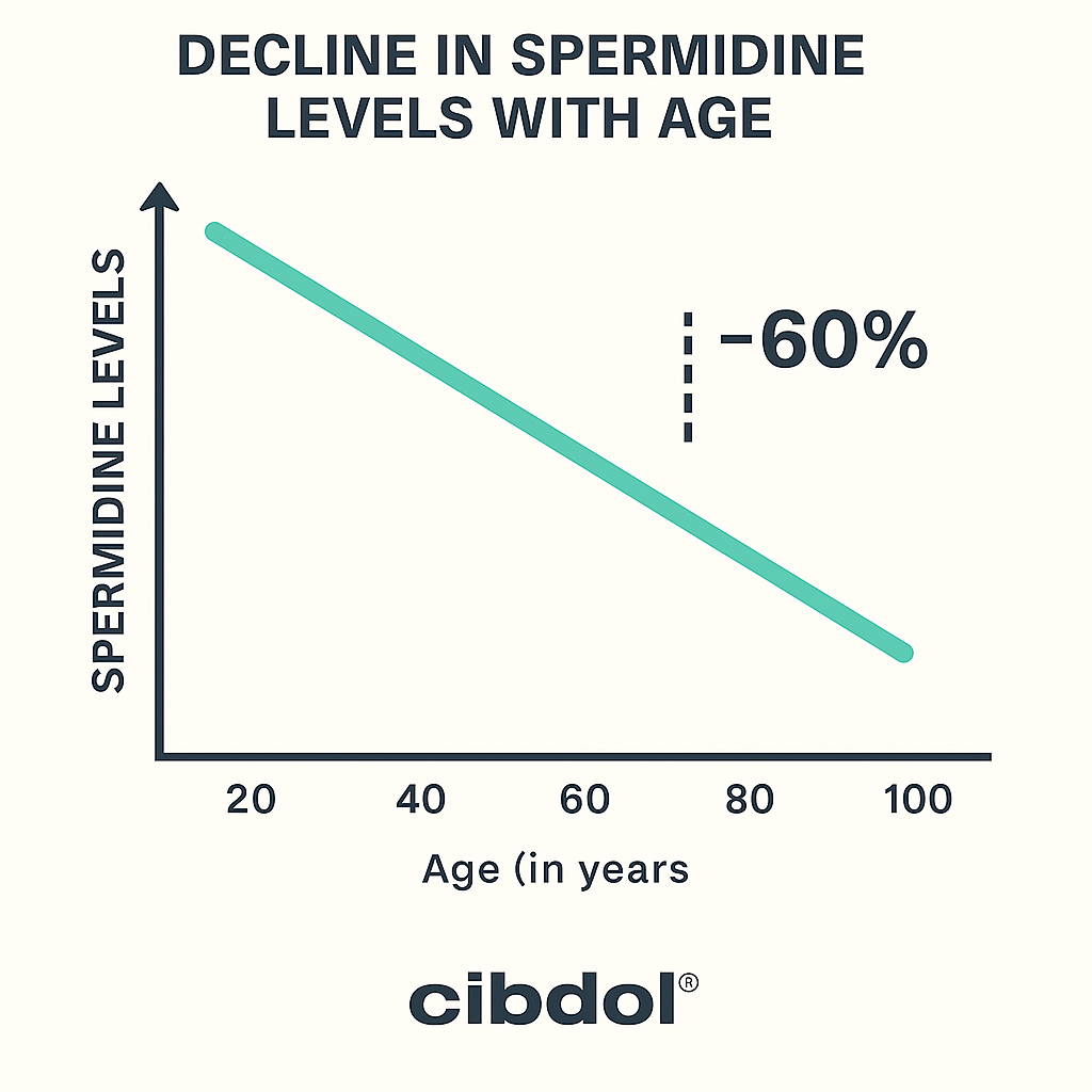 Gráfico que muestra la disminución de los niveles de espermidina con la edad